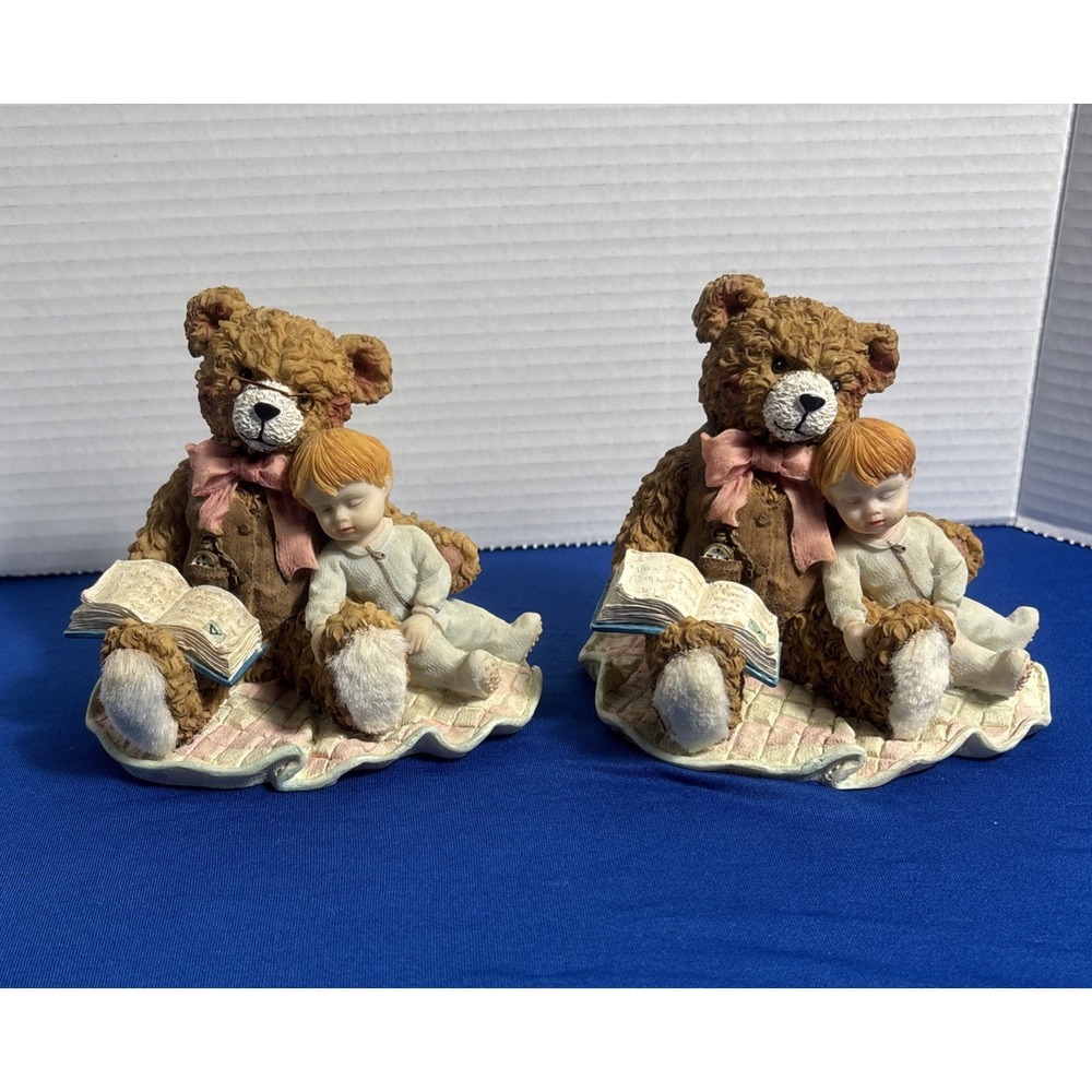 Vintage Teddy Bear Figurine w Fuzzy Feet Reading Bedtime Story Set Of 2